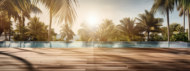 wooden terrace near a pool background with palm trees, in the style of layered images, glossy finish, blurred, landscape-focused