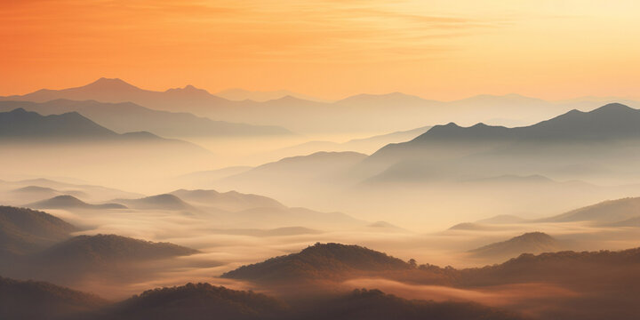 Landscape background with sunrise over misty mountains. Dramatic sky, rolling hills and serene nature scene at twilight.