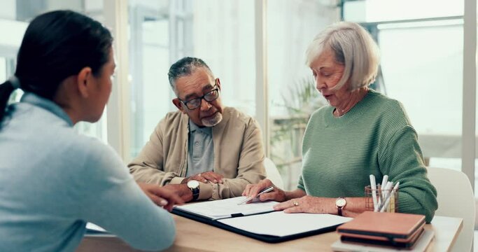 Explaining, lawyer or old couple with contract or documents speaking of life insurance or retirement. Planning, advisor or married elderly clients signing paperwork, legal form or title deed policy