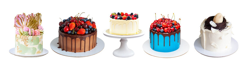 Assortment of different beautiful colorful cakes, isolated on white background