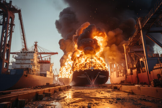 fire in the seaport burning ship, cargo ship with grain after the explosion generative ai