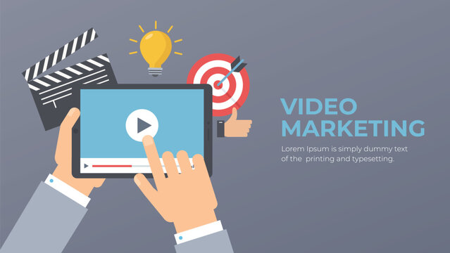 Video marketing flat vector. Successful promotion and monetization with visual media. Promoting agency services.