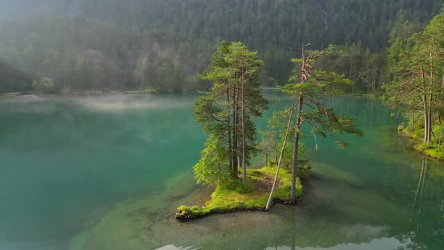 Small island with trees in alpine lake. Austria alpine nature. Beautiful lake with morning fog in the mountains. Aerial shot