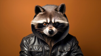 Racoon wearing black leather jacket, looking like a burglar - obrazy, fototapety, plakaty