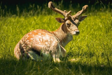 Majestic white-tailed deer in a lush, green meadow, with its impressive antlers on full display