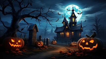 Scary Halloween night featuring a haunted house, bats, and a Jack-o-lantern. Concept of a spooky holiday in a mysterious graveyard.