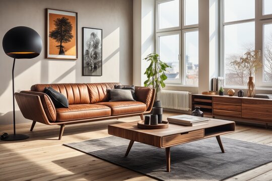 casual living room interior design, natural wood accents, scandinavian style