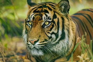 a tiger laying in the grass with bushes around it and green grass