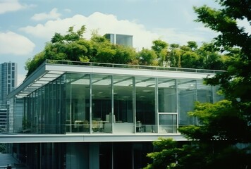 Lots of green plants around the modern glass house