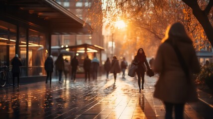 Blurred people walking in autumn city by Generative AI