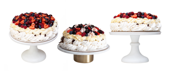 Pavlova cake with whipped cream cheese, chocolate sauce and fresh berries on grey background