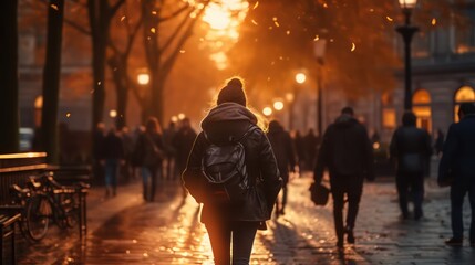 Blurred people walking in autumn city by Generative AI