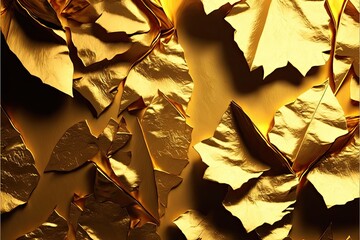 Seamless gold leaf background texture. Shiny golden yellow crumpled metallic foil. 3D rendering. Generative AI