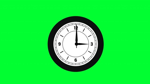 Simple animation of a clock showing 3 o'clock isolated on a green screen background