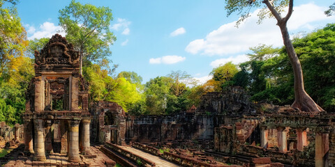 Lost in history: Ancient ruins of Khmer temples, reflecting the brilliance of ancient Cambodian...