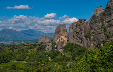 Greece. Meteora - incredible sandstone rock formations and monasteries. The Meteora area is on UNESCO World Heritage List. summer panorama