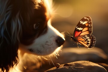 Photo of a dog with a butterfly perched on its nose created with Generative AI technology