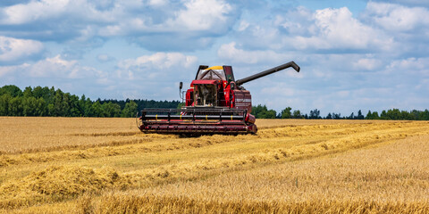 modern heavy harvesters remove the ripe wheat bread in field. Seasonal agricultural work