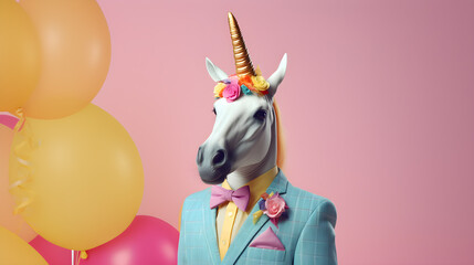Funny A horse Unicorn wearing a suit and a jacket for birthday party or contents , copy text space. on colorful pastel background.