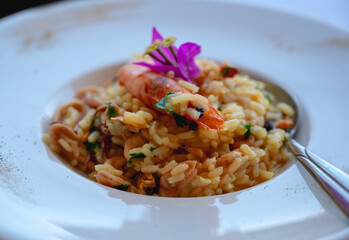 italian risotto with shrimps on white plate