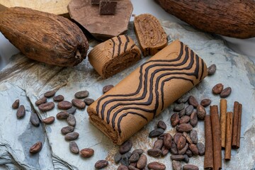 Closeup of a freshly baked pastry roll on a white surface with coffee beans