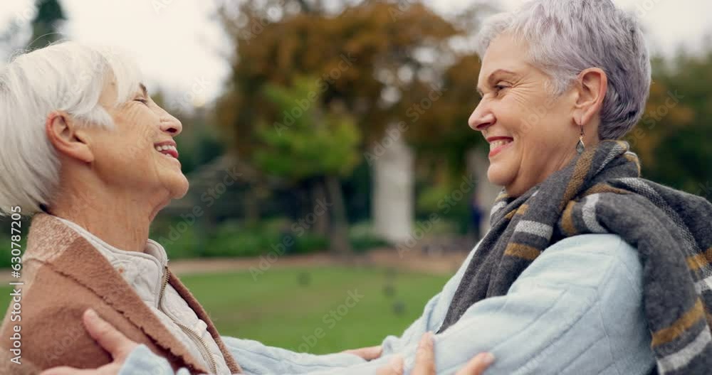 Sticker Senior woman kissing her wife on the forehead for romance, bonding and outdoor date. Nature, commitment and elderly lesbian couple of friends in retirement with intimate moment in garden or park.