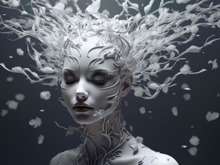 Digital art futuristic female portrait, conceptual fashion white mannequin AI