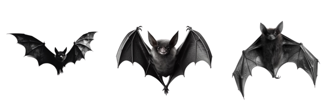 Set of flying black bats isolated on transparent background. Halloween concept. Generative AI.