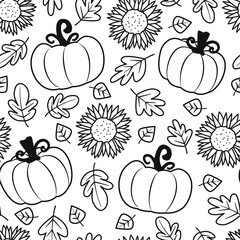Cute hand drawn black and white autumn fall season seamless vector pattern background illustration with pumpkins, sunflowers and leaves