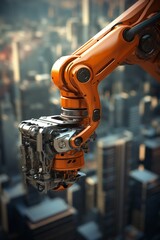 Closeup of Orange Robot Arm with Blurry Cityscape Background. Generative ai