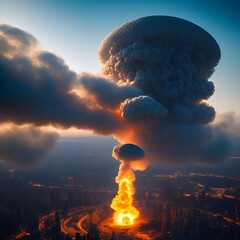 A nuclear Atomic bomb explosions In the futuristic city on daylight sky generative ai illustration art