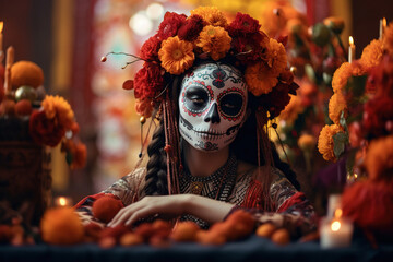 Dia de los muertos. Day of The Dead. Woman with sugar skull makeup on a floral background. Calavera Catrina. Halloween.