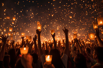 A festive image of people releasing lanterns into the sky as a symbolic gesture during a religious celebration Generative AI