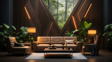 A luxury living room with vertical wooden slats on the back wall. Decorated with neon lights integrated with wall design, wall lights and indoor plants.
