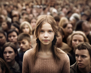 Obraz premium A young girl standing alone in the middle of a large crowd filled with faces that all look the same.