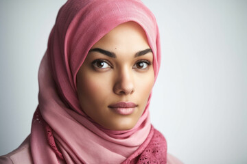 An austere muslim woman in a pink hijab stands with a tranquil but determined expression against a bright white backound. The intricately.