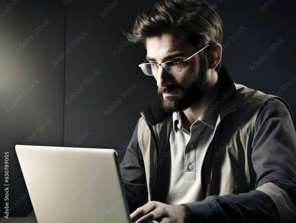 Aufkleber a customer service professional with a laptop running through a customer’s request with a look of de