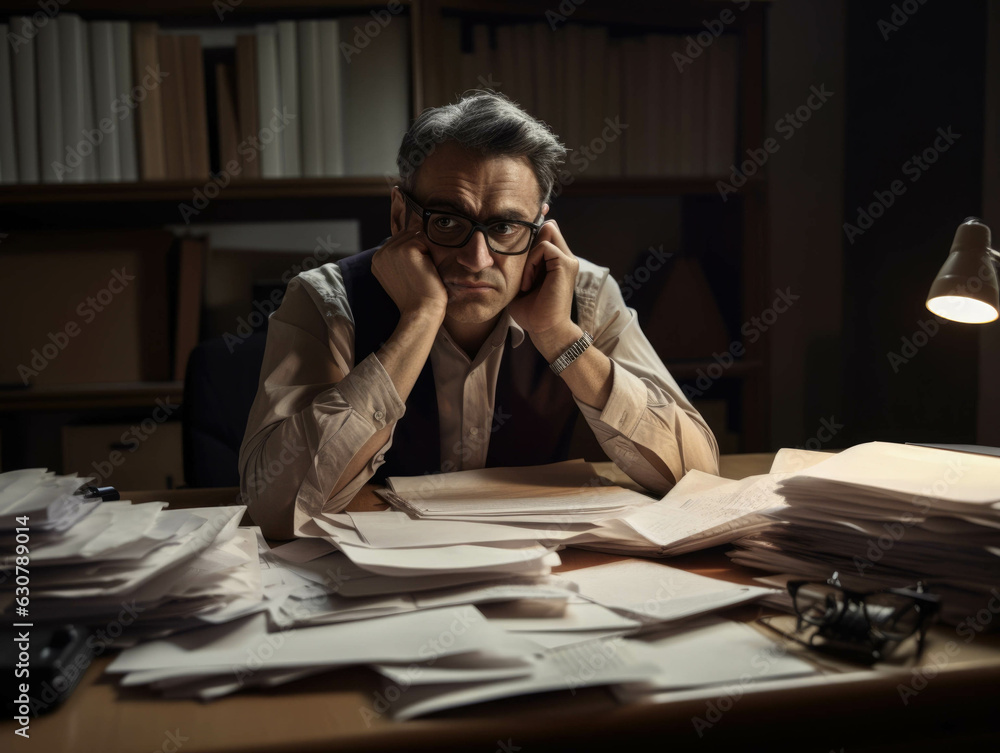 Aufkleber a worried accountant sitting at a desk surrounded by piles of paperwork and unfolding a schedule out