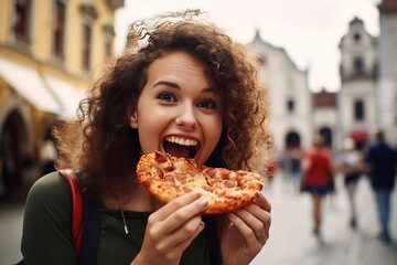Young woman eating pizza on the market. Generative AI.