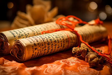 A photo of a religious scroll with intricate calligraphy, containing sacred writings Generative AI