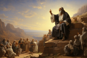 A wise picture of Moses delivering the law to the people, teaching and guiding them with authority Generative AI - obrazy, fototapety, plakaty