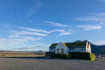 Fototapeta na wymiar Majestic wooden house in authentic campsite in Iceland, Modrudalur-Fjalladyrd