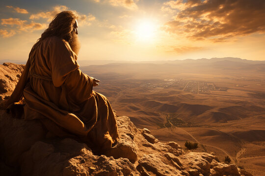 An awe-inspiring image of Moses on Mount Nebo, looking upon the Promised Land before his passing Generative AI