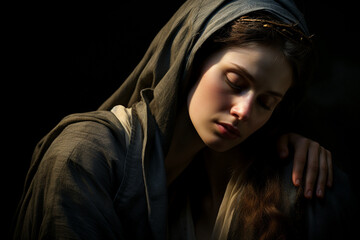 An emotional portrayal of Mary at the foot of the cross, sharing in her son's suffering with deep sorrow Generative AI