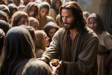 An iconic portrayal of Jesus performing a miracle, healing the sick or feeding the multitude Generative AI