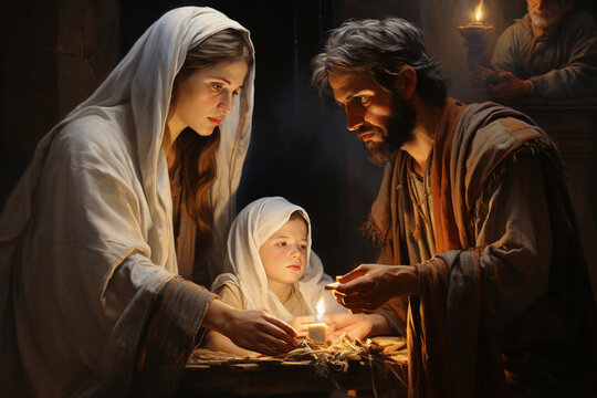 A joyful image of Mary and Joseph presenting the infant Jesus in the temple, offering thanks and dedication Generative AI
