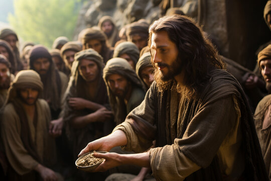 An iconic portrayal of Jesus performing a miracle, healing the sick or feeding the multitude Generative AI