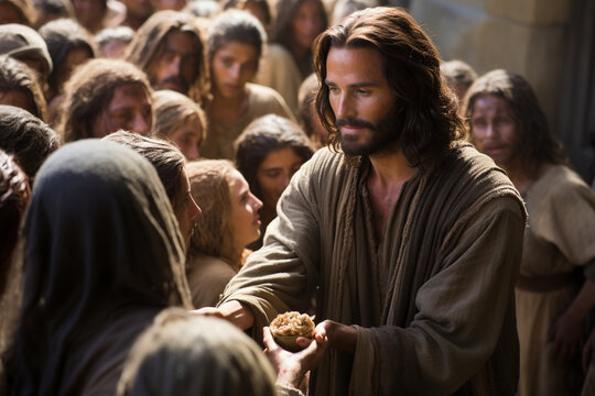 An iconic portrayal of Jesus performing a miracle, healing the sick or feeding the multitude Generative AI