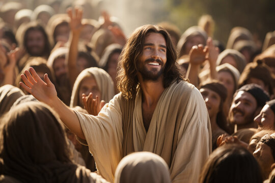 A powerful image of Jesus Christ preaching to a diverse crowd, his arms open in love and compassion Generative AI
