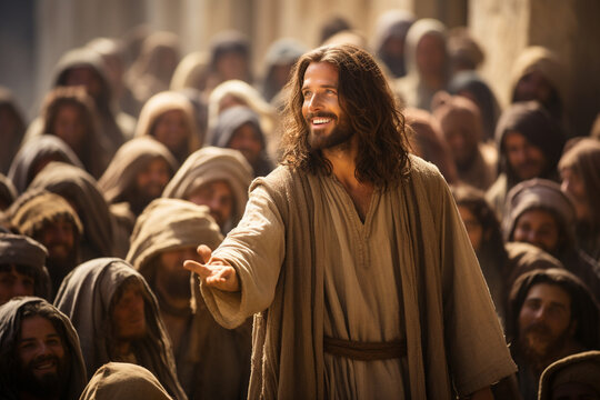 A powerful image of Jesus Christ preaching to a diverse crowd, his arms open in love and compassion Generative AI